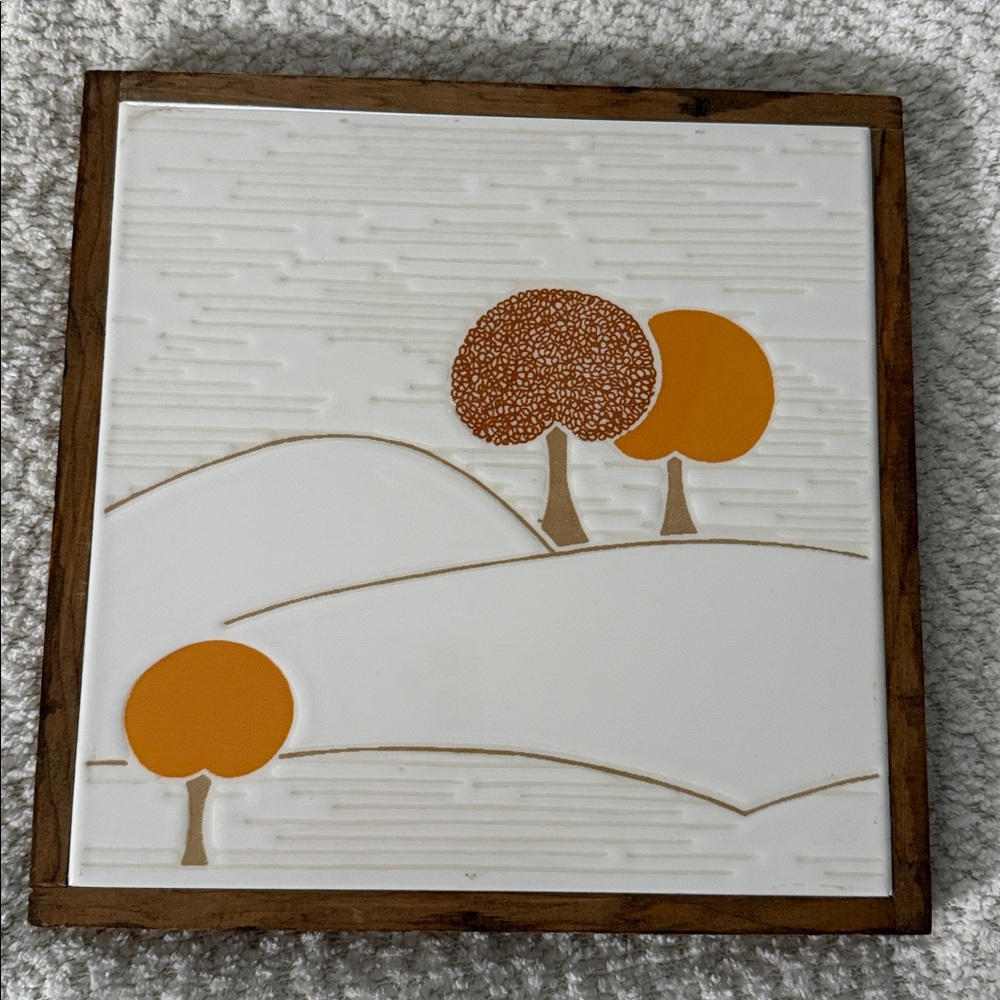 Cerdisa Ceramic Tile Art Boho 1970s - Hills and Trees in Tan & Orange Vintage
